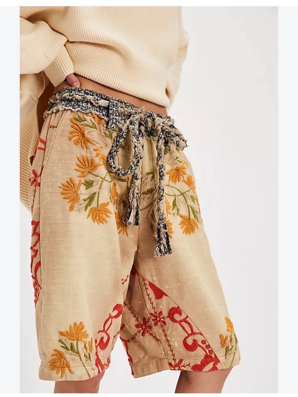 Free People Boho Embroidered Floral Linen-Blend Shorts in Beige